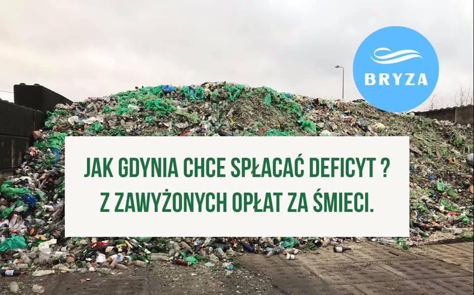 Zdjęcie przedstawia wysypisko śmieci w EkoDolinie (k. Gdyni), logo Bryza oraz napis: Jak Gdynia chce spłacać deficyt z zawyżonych opłat za śmieci.