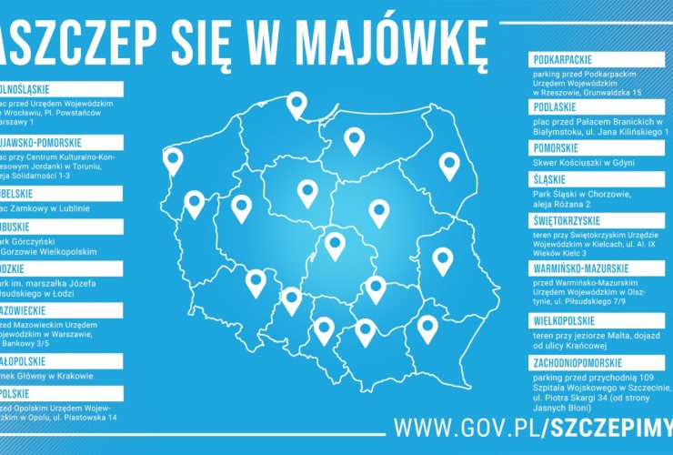 Grafika przedstawia listę mobilnych punktów szczepień podczas majówki