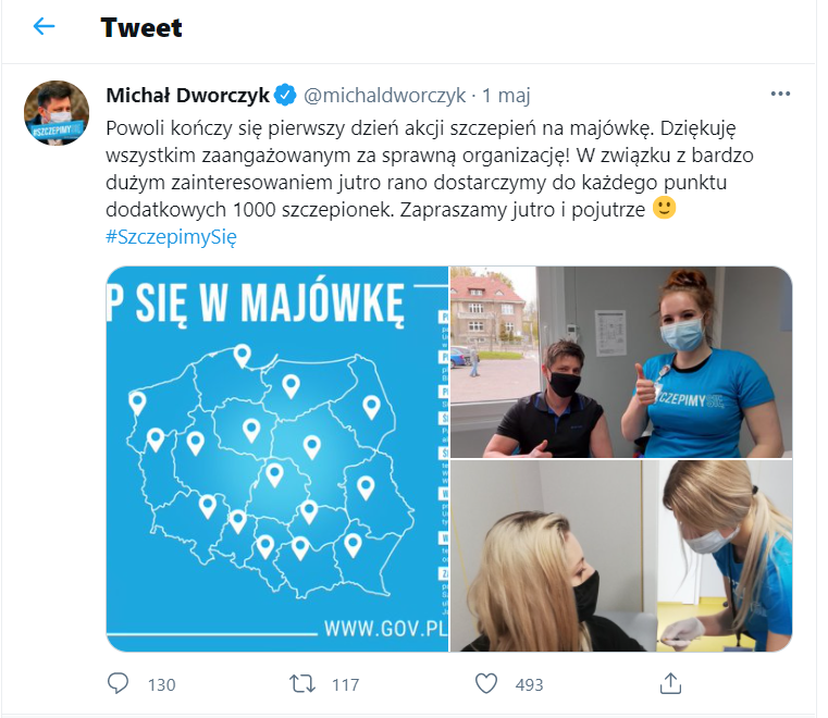 Zrzut ekranu posta na Twitterze dotyczącego szczepienia w Majówkę. Profil Michała Dworczyka.