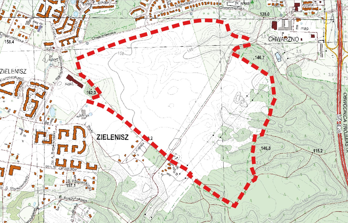 Lokalizacja planu zagospodarnowania obszaru między ulicą Szewczenki, Krauzego i Chwarznieńską