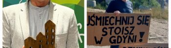 Kolaż dwóch zdjęć. Po lewej jest wiceprezydent Gdyni, pan Michał Guć, po prawej uczestnik happeningu na Karwinach z napisami: "Uśmiechnij się, stoisz w Gdyni" oraz "Szukam córki".
