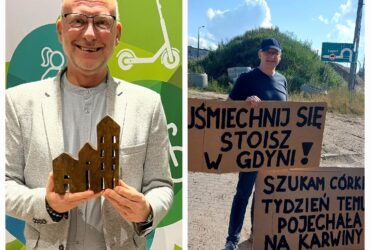 Michał Guć - wielki nieobecny Dąbrowy, Kacka i Karwin 42 Kolaż dwóch zdjęć. Po lewej jest wiceprezydent Gdyni, pan Michał Guć, po prawej uczestnik happeningu na Karwinach z napisami: "Uśmiechnij się, stoisz w Gdyni" oraz "Szukam córki".