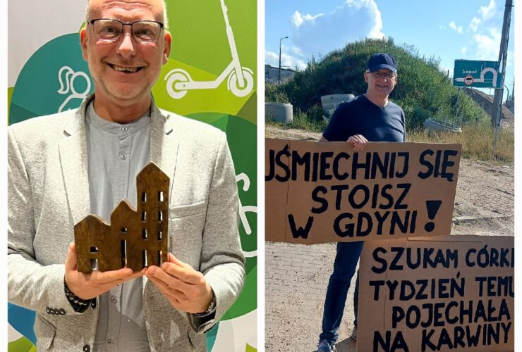 Kolaż dwóch zdjęć. Po lewej jest wiceprezydent Gdyni, pan Michał Guć, po prawej uczestnik happeningu na Karwinach z napisami: "Uśmiechnij się, stoisz w Gdyni" oraz "Szukam córki".
