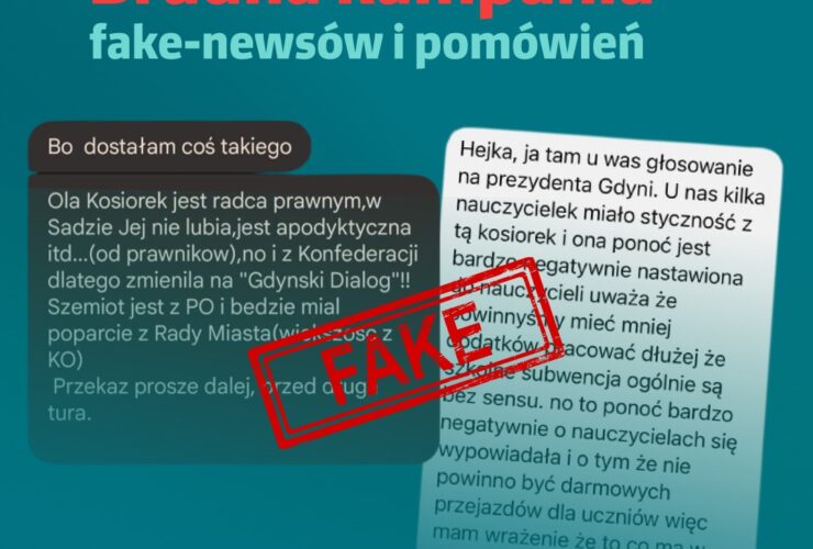 grafika KWW Gdyński Dialog. Brudna Kampania. Fake. Czy takiej Gdyni chcecie? Na obrazie screeny dwóch wiadomosci.